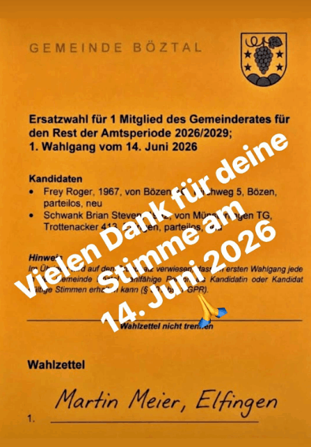 Martin Meier Ersatzwahl Gemeinderat Böztal 14. Juni 2026